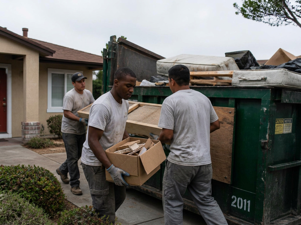 DPI cleanout crew hauling debris and old furniture into a dumpster at a vacant home