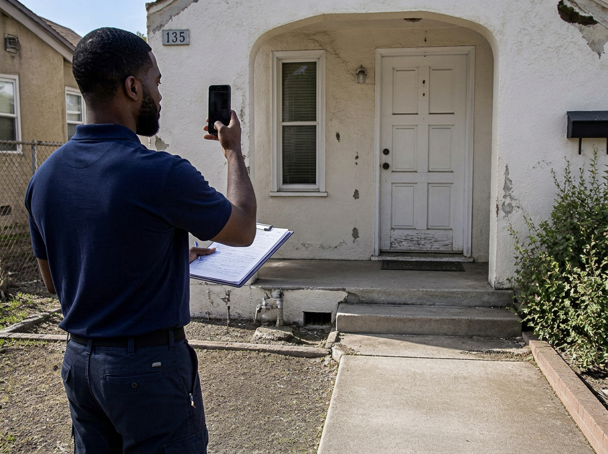 Property inspector in safety vest documenting a Bay Area home for DPI occupancy inspection