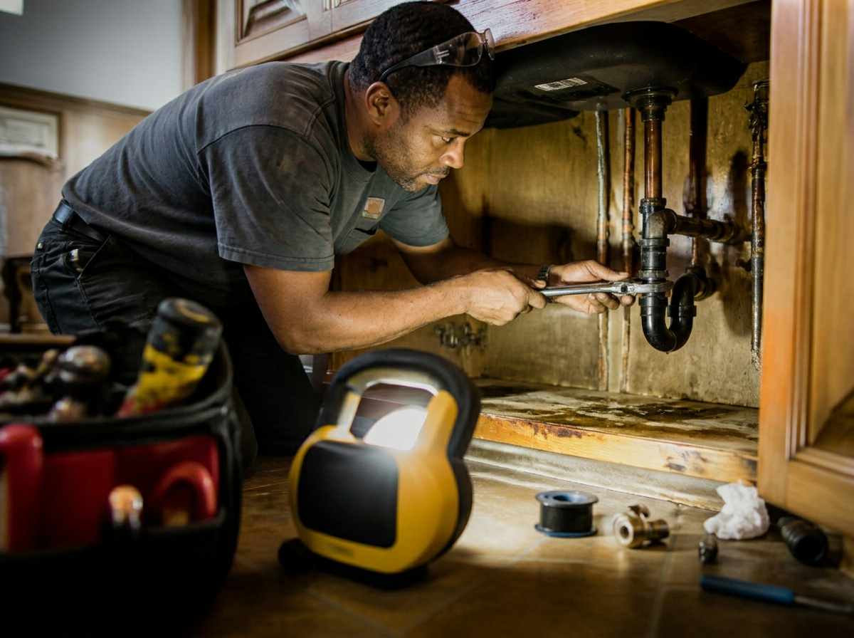 DPI technician winterizing plumbing under a sink in a vacant property